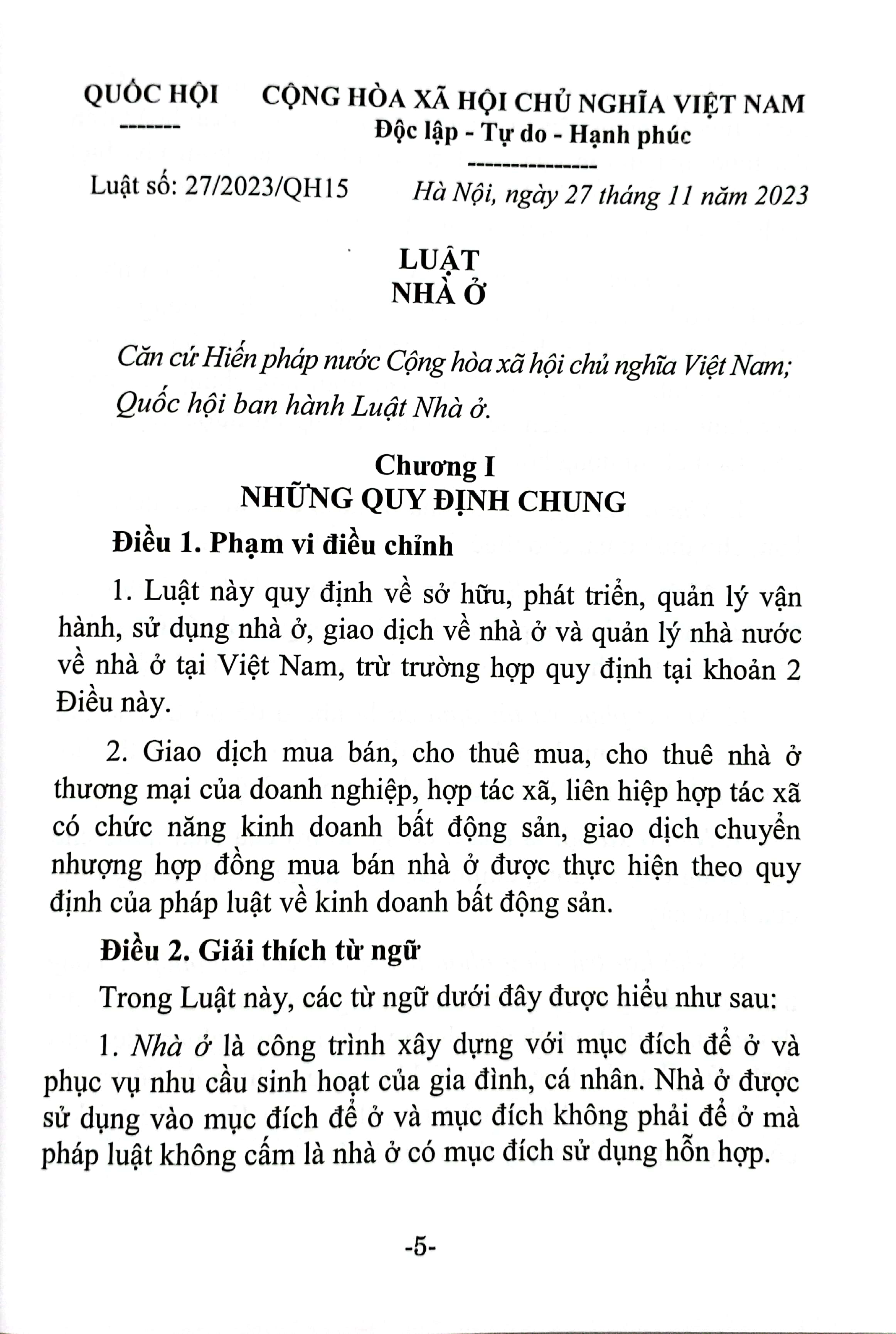Bộ Luật Nhà Ở (Hiện Hành) (Được Quốc Hội Thông Qua Ngày 27-11-2023, Có Hiệu Lực Từ Ngày 01-01-2025) - Ảnh 5
